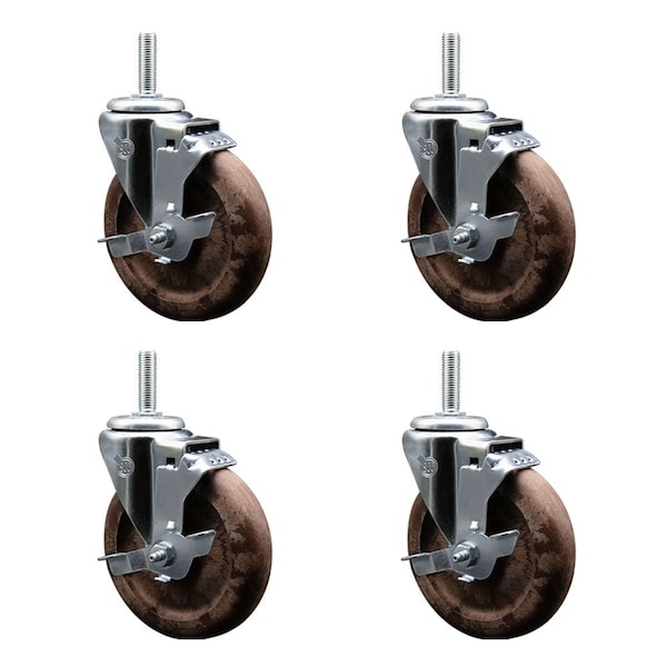 Service Caster 5 Inch High Temp Glass Filled Nylon 34 Inch Threaded Stem Caster Set with Brake SCC-TS20S514-GFNSHT-TLB-34212-4 - main